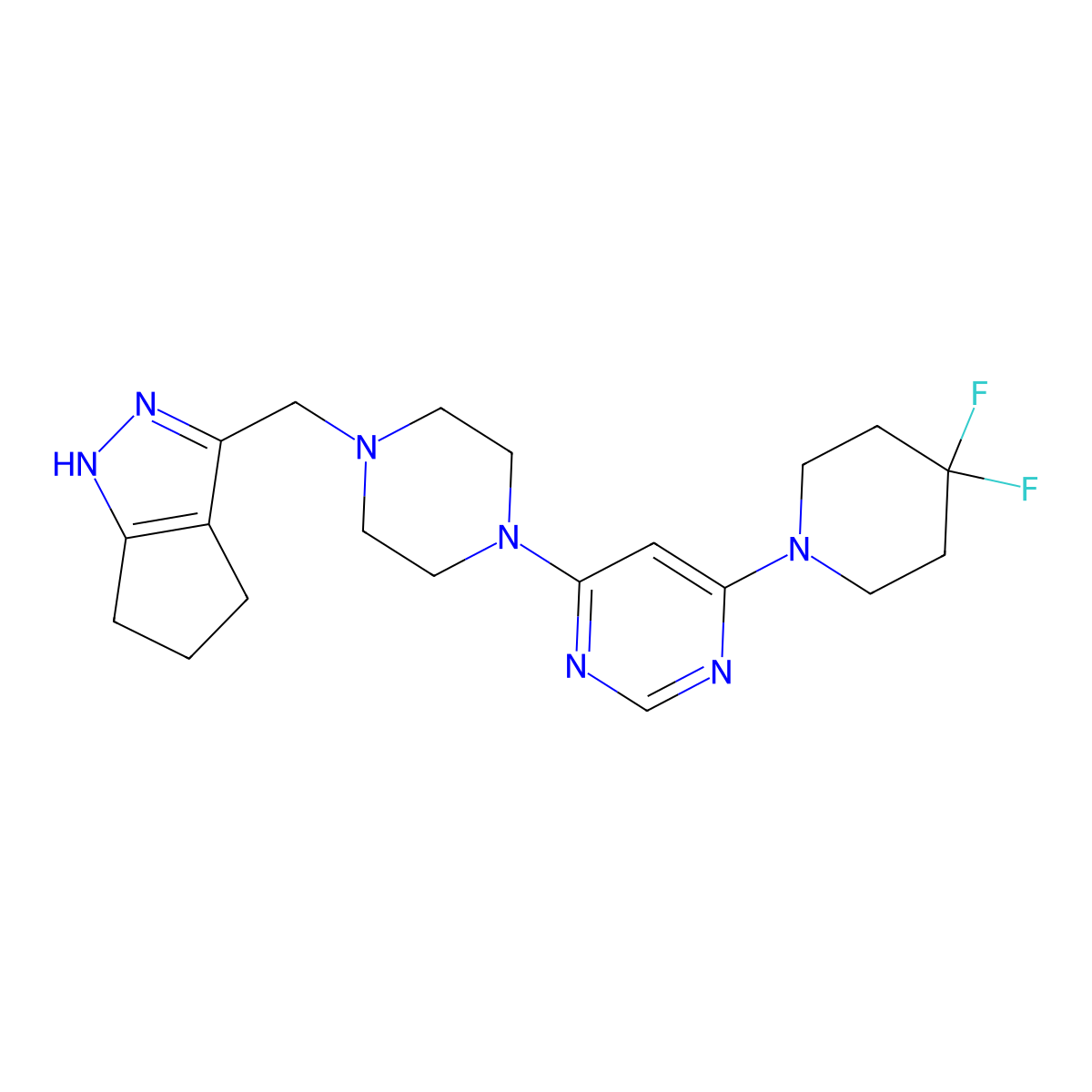 4-[4-({1H,4H,5H,6H-cyclopenta[c]pyrazol-3-yl}methyl)piperazin-1-yl]-6-(4,4-difluoropiperidin-1-yl)pyrimidine molecular structure, CAS 3054567-65-3