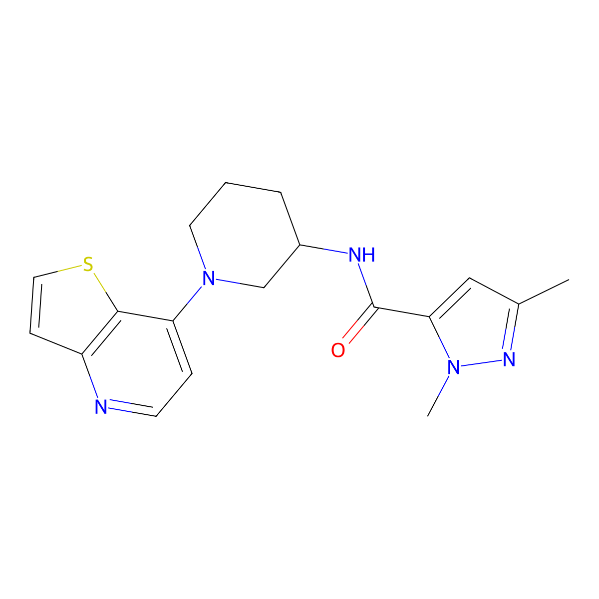 1,3-dimethyl-N-(1-{thieno[3,2-b]pyridin-7-yl}piperidin-3-yl)-1H-pyrazole-5-carboxamide molecular structure, CAS 3054567-74-4