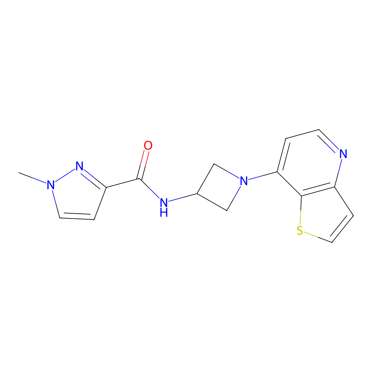 1-methyl-N-(1-{thieno[3,2-b]pyridin-7-yl}azetidin-3-yl)-1H-pyrazole-3-carboxamide molecular structure, CAS 3054567-75-5