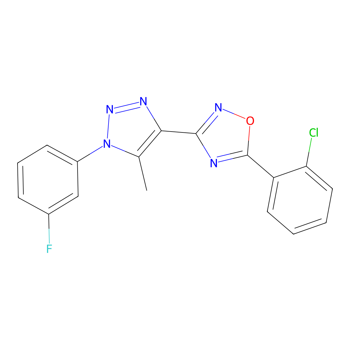 5-(2-chlorophenyl)-3-[1-(3-fluorophenyl)-5-methyl-1H-1,2,3-triazol-4-yl]-1,2,4-oxadiazole molecular structure, CAS 3054567-95-9