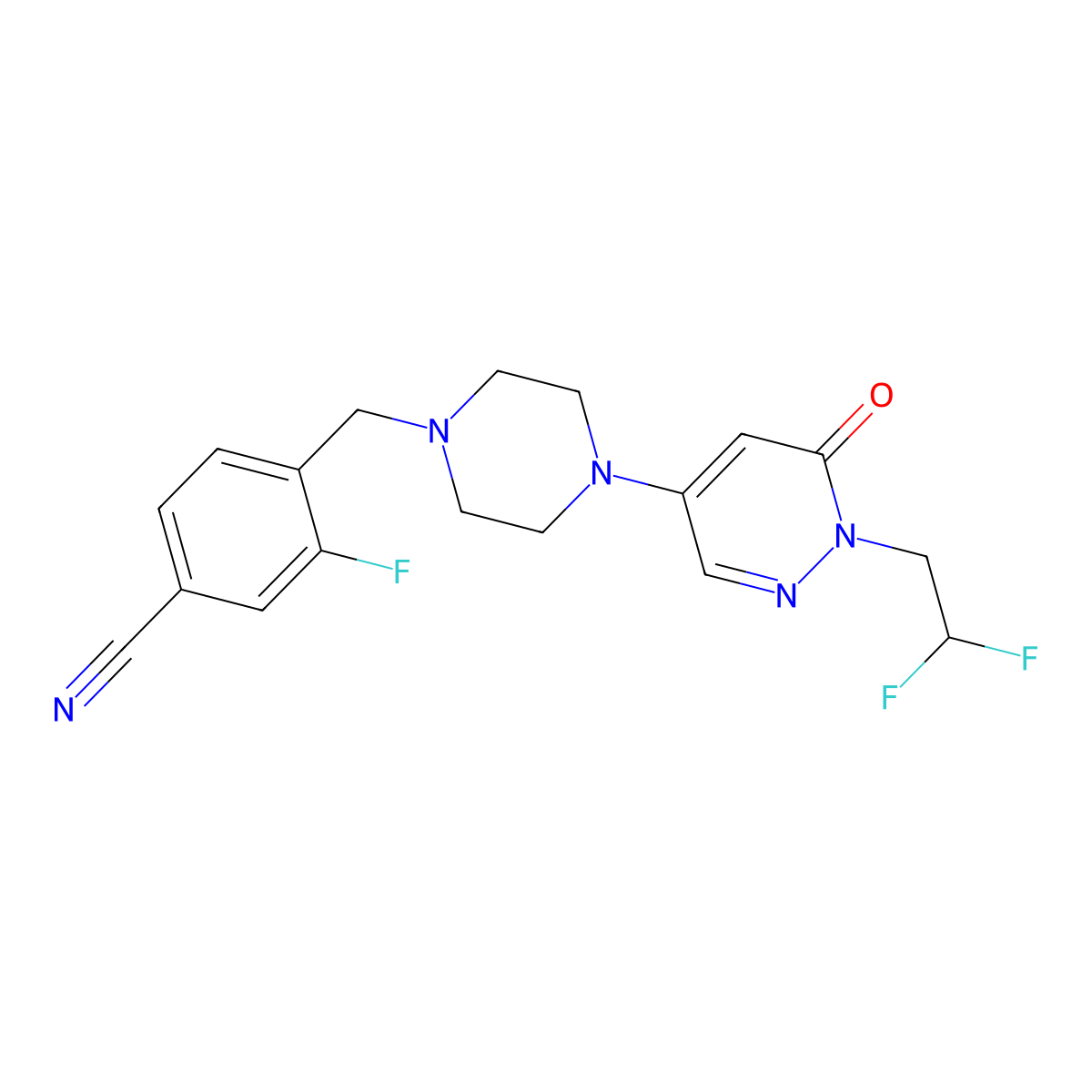 4-({4-[1-(2,2-Difluoroethyl)-6-oxo-1,6-dihydropyridazin-4-yl]piperazin-1-yl}methyl)-3-fluorobenzonitrile molecular structure, CAS 3054567-99-3