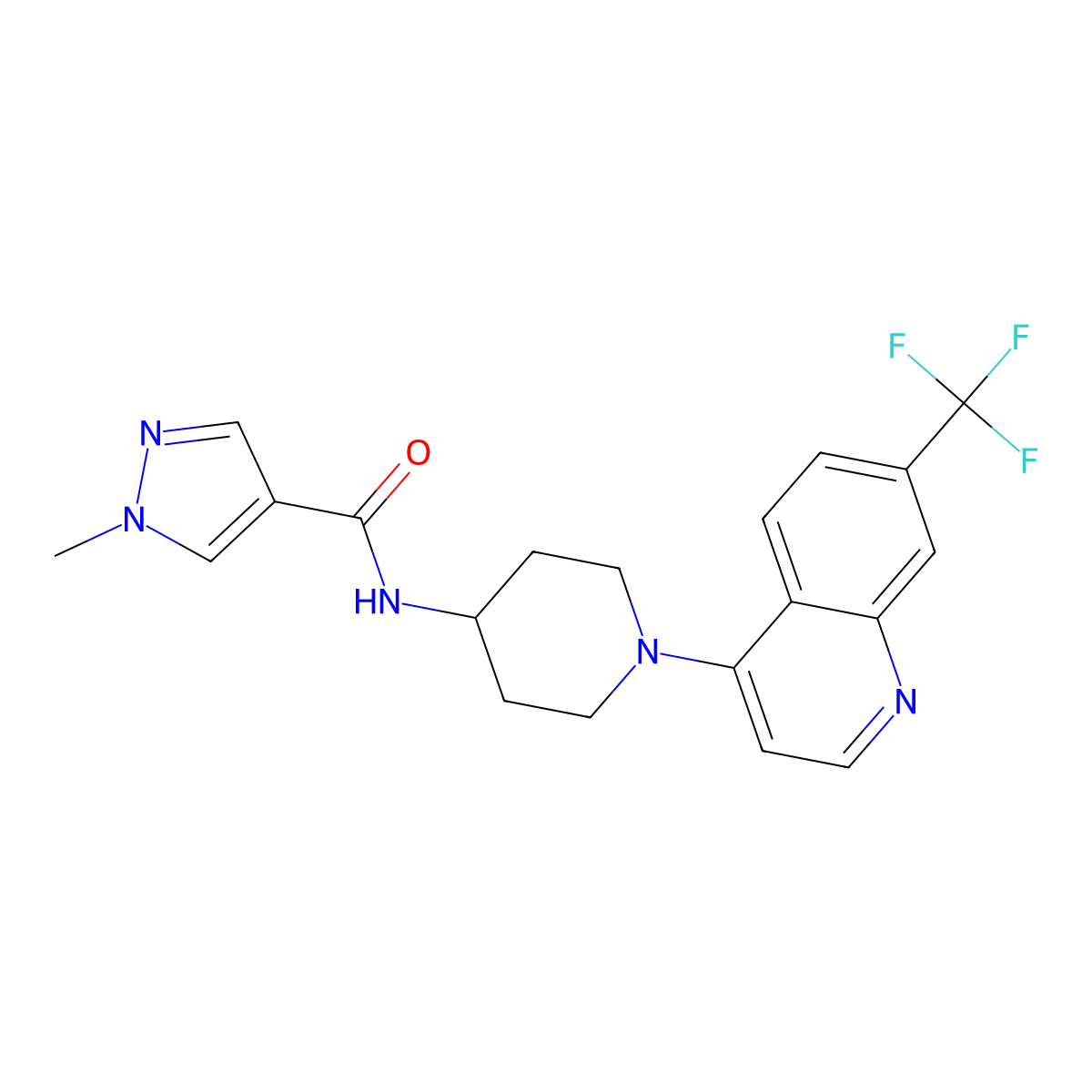 1-methyl-N-{1-[7-(trifluoromethyl)quinolin-4-yl]piperidin-4-yl}-1H-pyrazole-4-carboxamide molecular structure, CAS 3054568-07-6