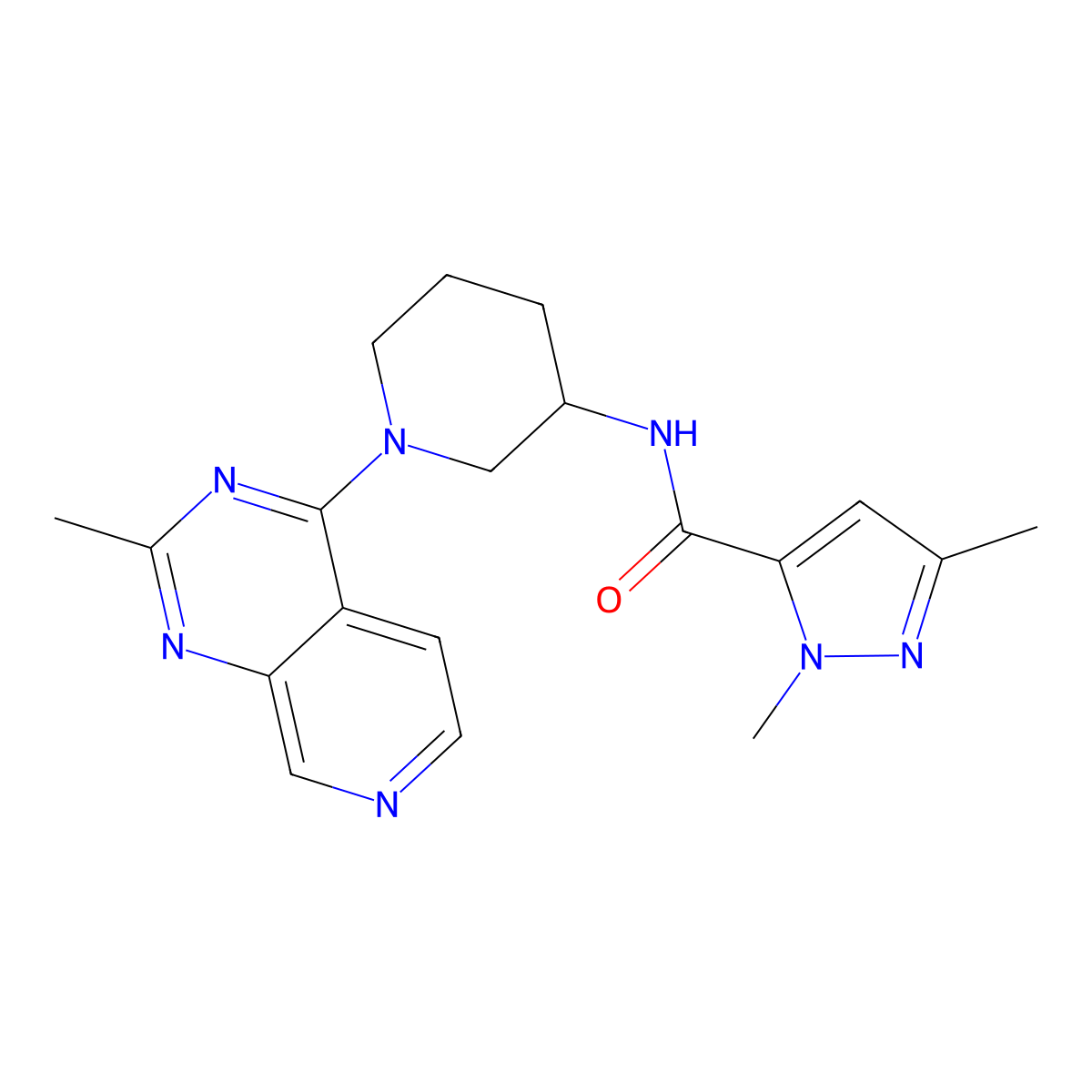 1,3-dimethyl-N-(1-{2-methylpyrido[3,4-d]pyrimidin-4-yl}piperidin-3-yl)-1H-pyrazole-5-carboxamide molecular structure, CAS 3054568-14-5