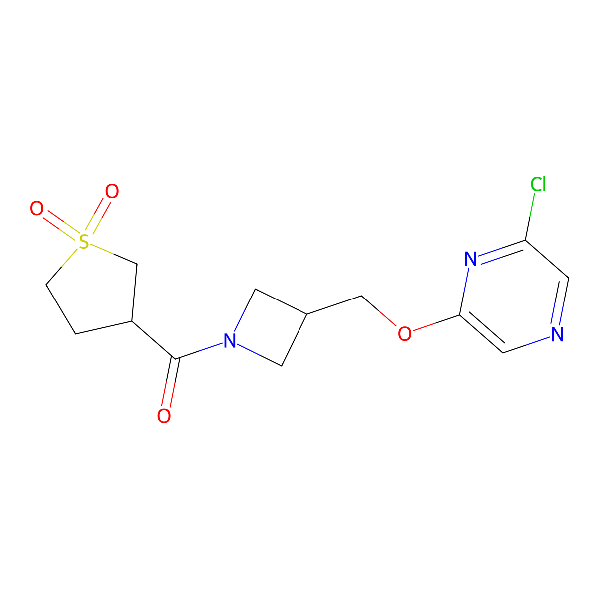 3-(3-{[(6-Chloropyrazin-2-yl)oxy]methyl}azetidine-1-carbonyl)-1lambda-thiolane-1,1-dione molecular structure, CAS 3054568-18-9