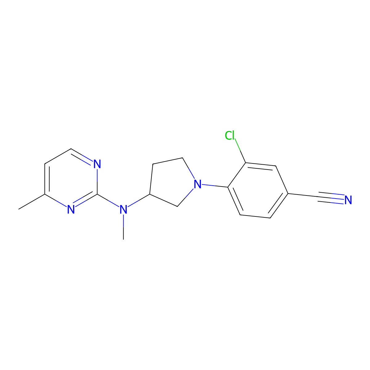 3-Chloro-4-{3-[methyl(4-methylpyrimidin-2-yl)amino]pyrrolidin-1-yl}benzonitrile molecular structure, CAS 3054568-20-3