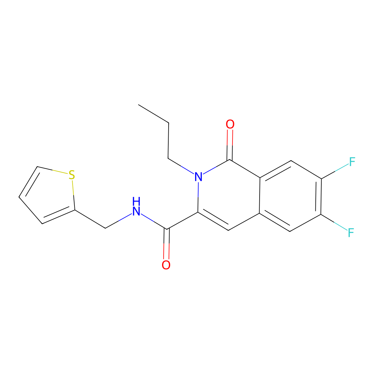 6,7-difluoro-1-oxo-2-propyl-N-(thiophen-2-ylmethyl)isoquinoline-3-carboxamide molecular structure, CAS 3054568-26-9