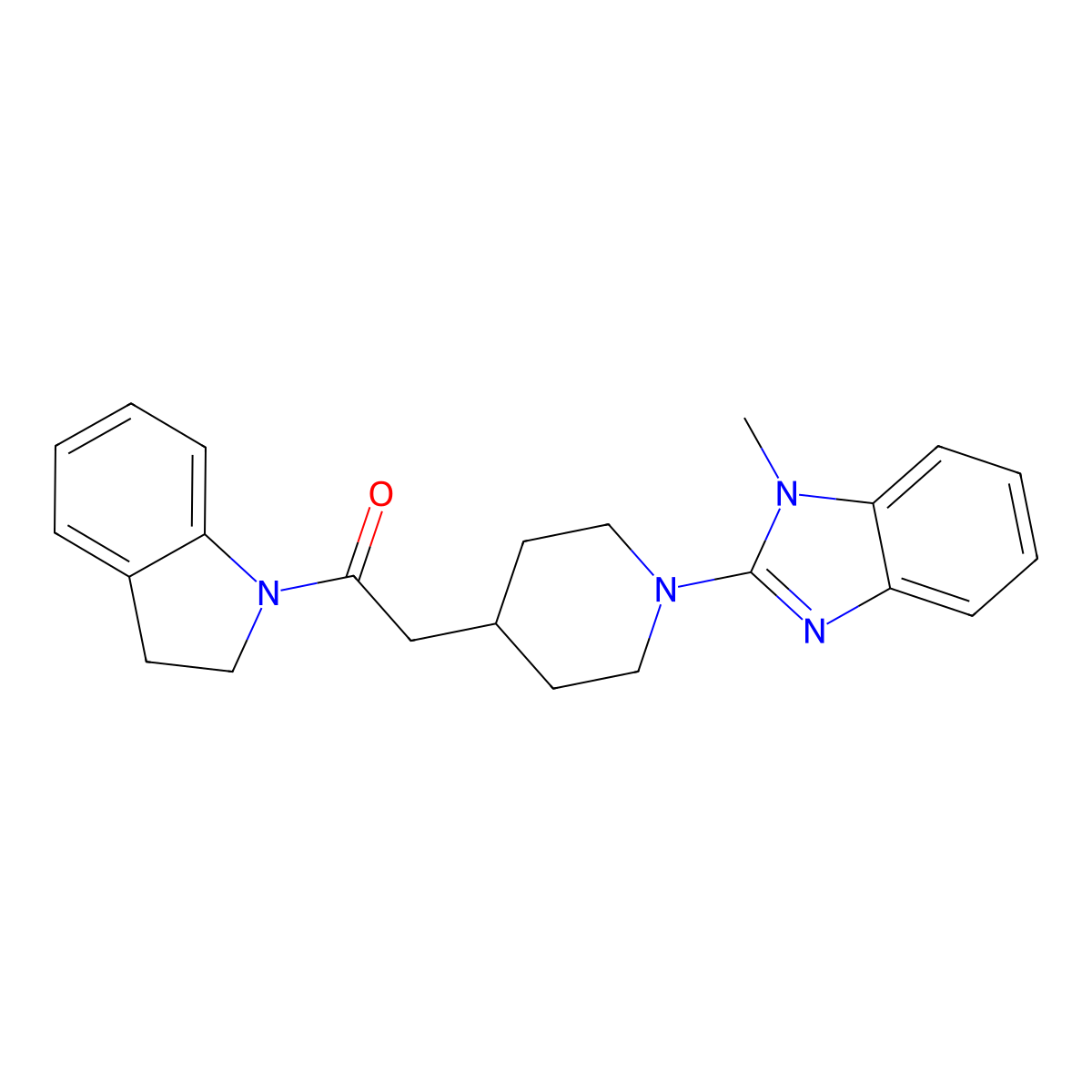 1-(2,3-dihydro-1H-indol-1-yl)-2-[1-(1-methyl-1H-1,3-benzodiazol-2-yl)piperidin-4-yl]ethan-1-one molecular structure, CAS 3054568-27-0