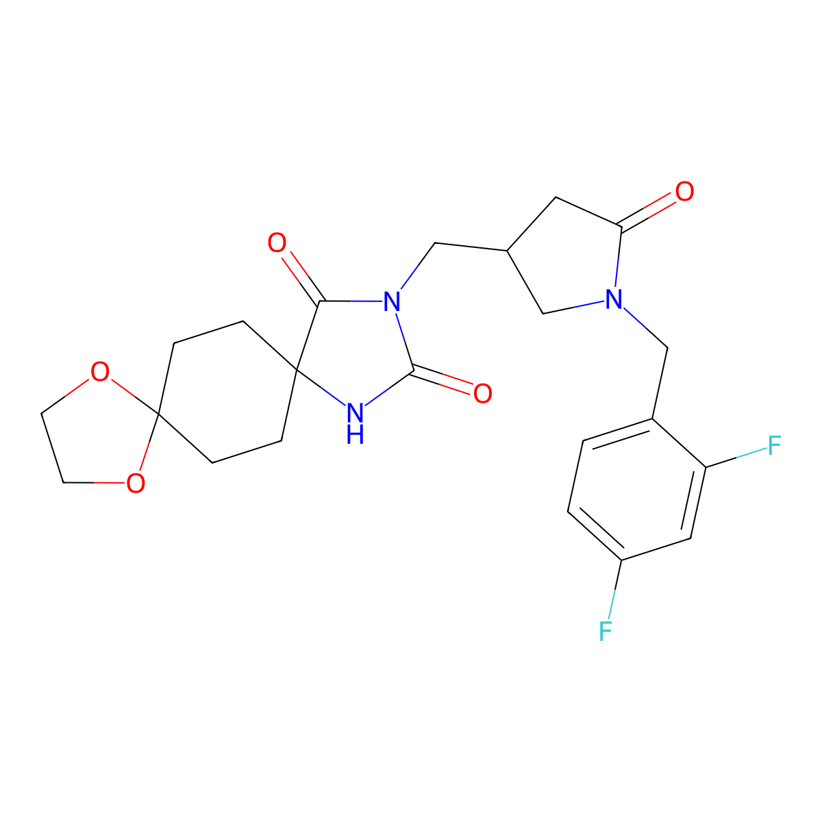 3-({1-[(2,4-Difluorophenyl)methyl]-5-oxopyrrolidin-3-yl}methyl)-9,12-dioxa-1,3-diazadispiro[4.2.4.2]tetradecane-2,4-dione molecular structure, CAS 3054568-29-2