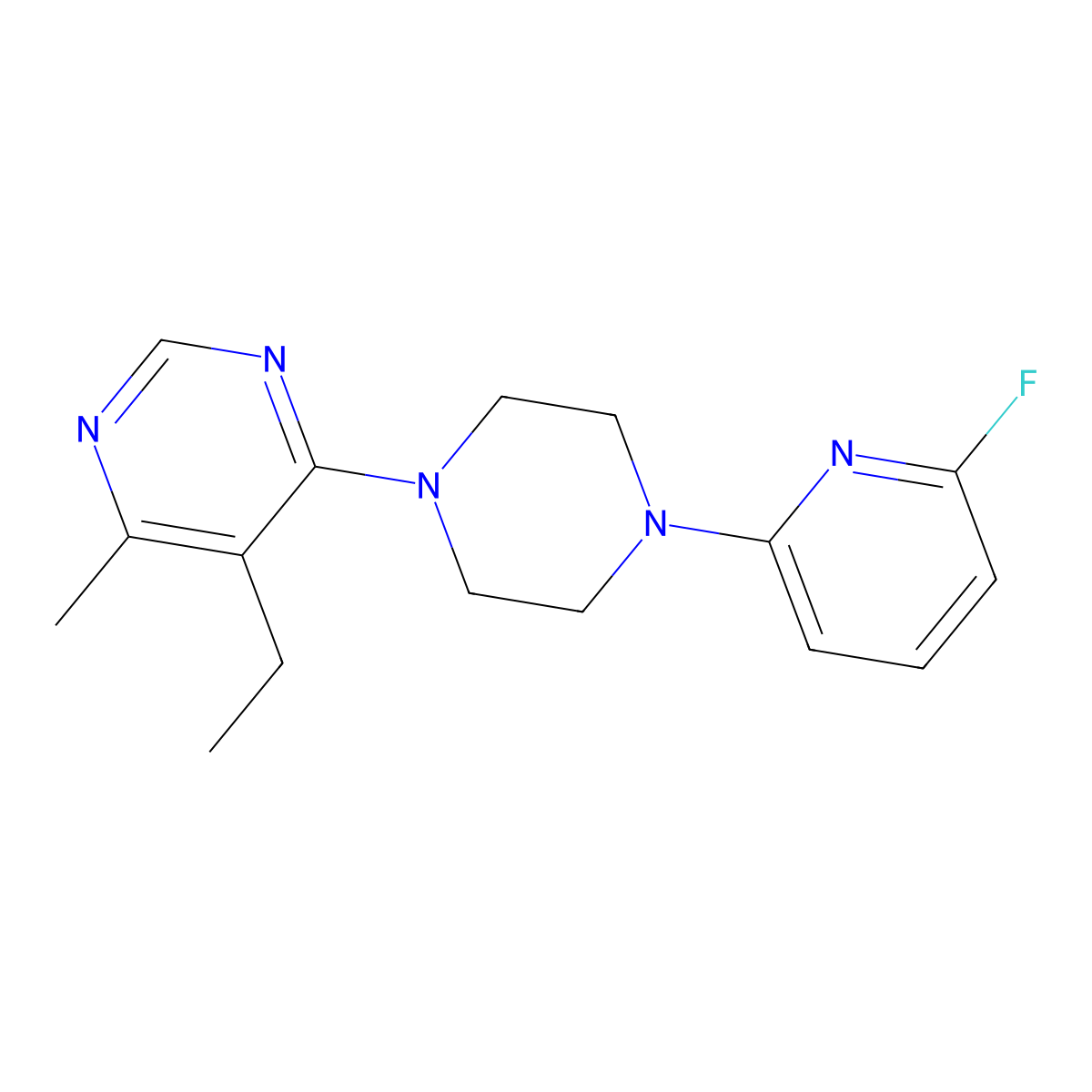 5-Ethyl-4-[4-(6-fluoropyridin-2-yl)piperazin-1-yl]-6-methylpyrimidine molecular structure, CAS 3054568-34-9