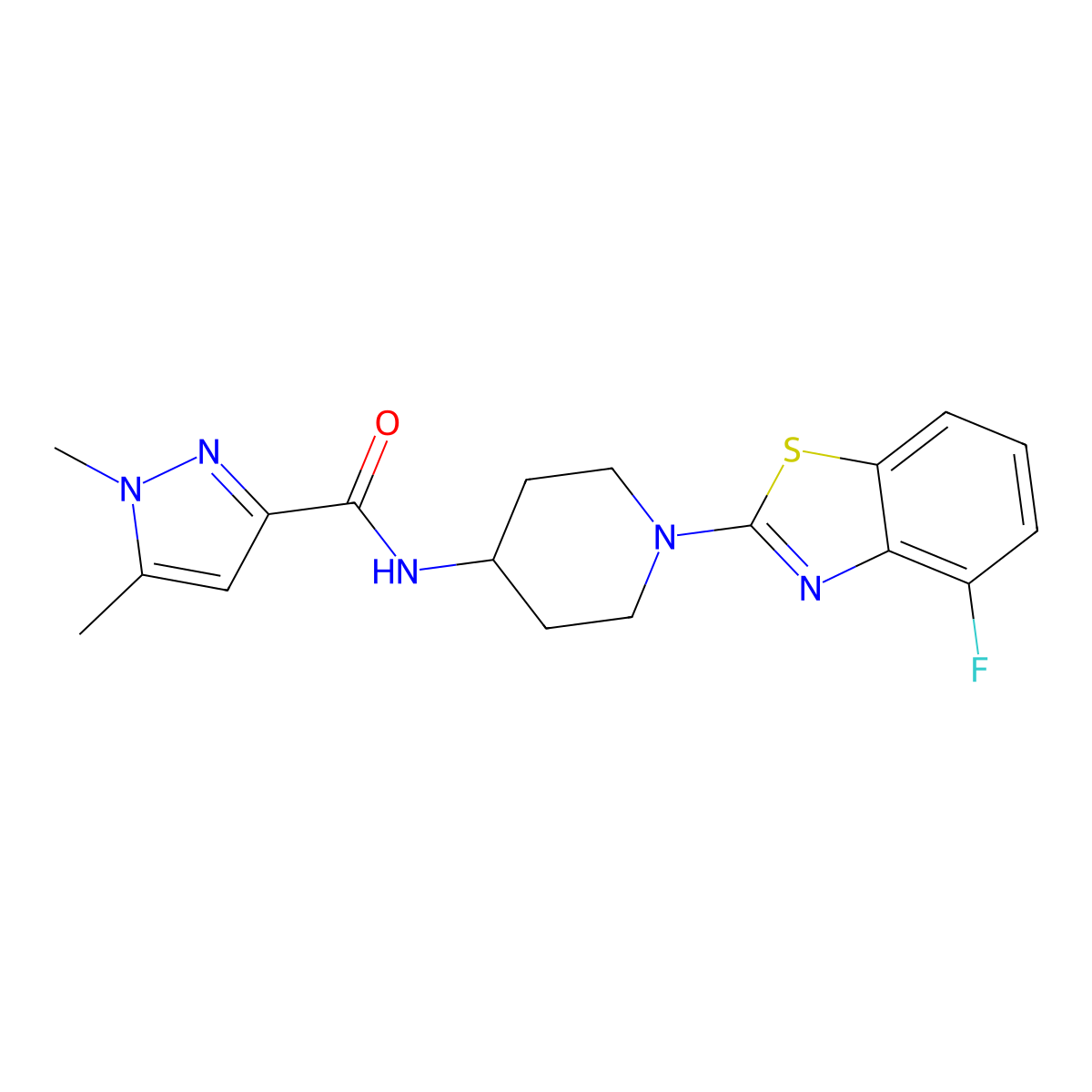 N-[1-(4-fluoro-1,3-benzothiazol-2-yl)piperidin-4-yl]-1,5-dimethyl-1H-pyrazole-3-carboxamide molecular structure, CAS 3054568-47-4
