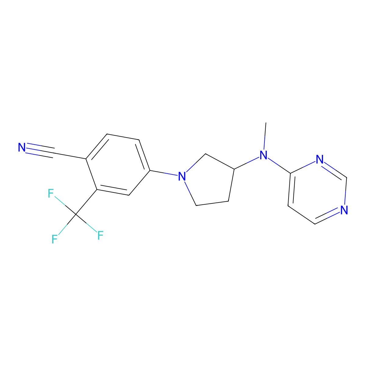 4-{3-[Methyl(pyrimidin-4-yl)amino]pyrrolidin-1-yl}-2-(trifluoromethyl)benzonitrile molecular structure, CAS 3054568-60-1
