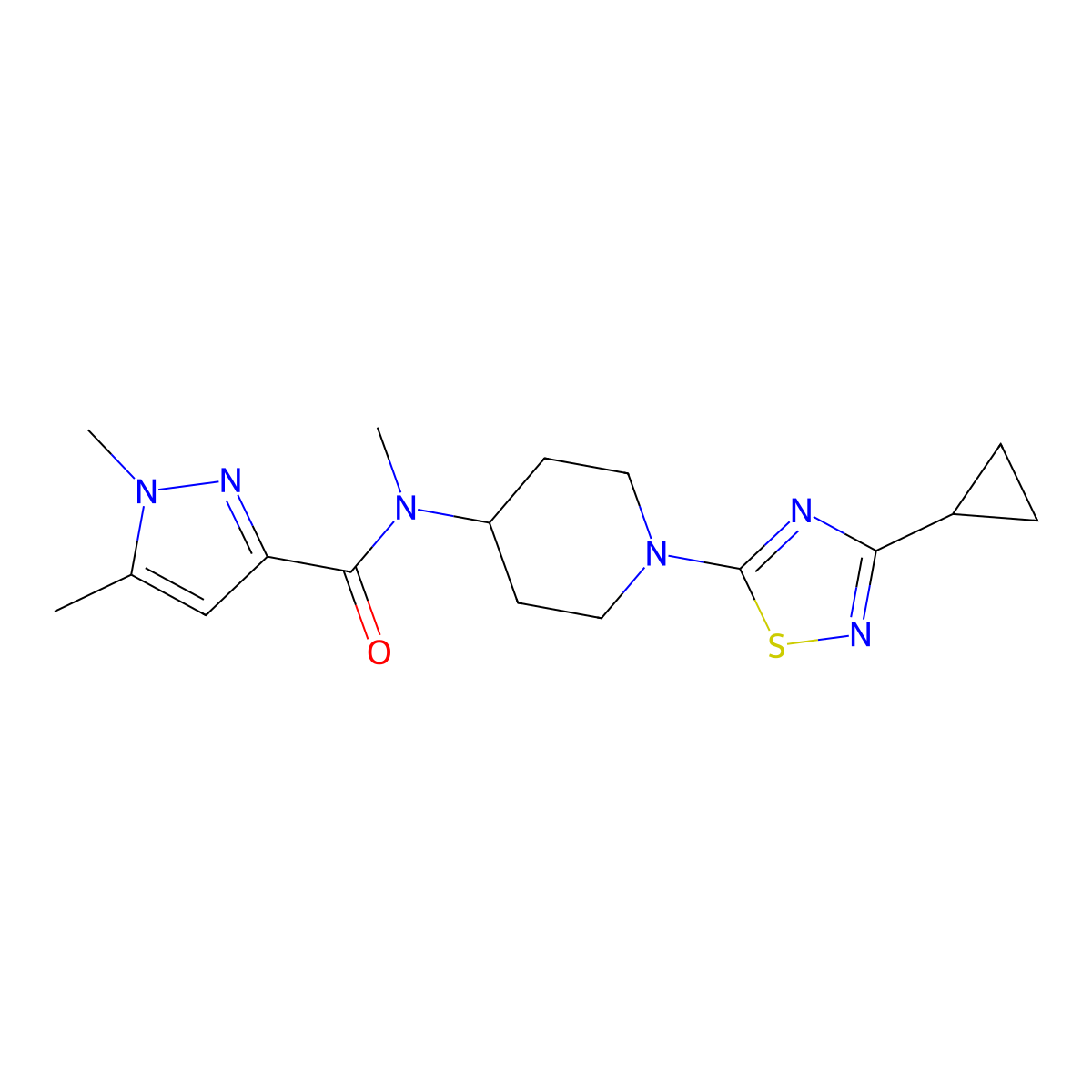 N-[1-(3-cyclopropyl-1,2,4-thiadiazol-5-yl)piperidin-4-yl]-N,1,5-trimethyl-1H-pyrazole-3-carboxamide molecular structure, CAS 3054568-63-4