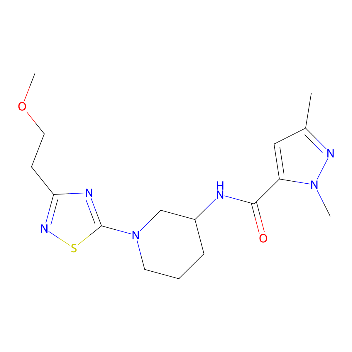 N-{1-[3-(2-methoxyethyl)-1,2,4-thiadiazol-5-yl]piperidin-3-yl}-1,3-dimethyl-1H-pyrazole-5-carboxamide molecular structure, CAS 3054568-64-5
