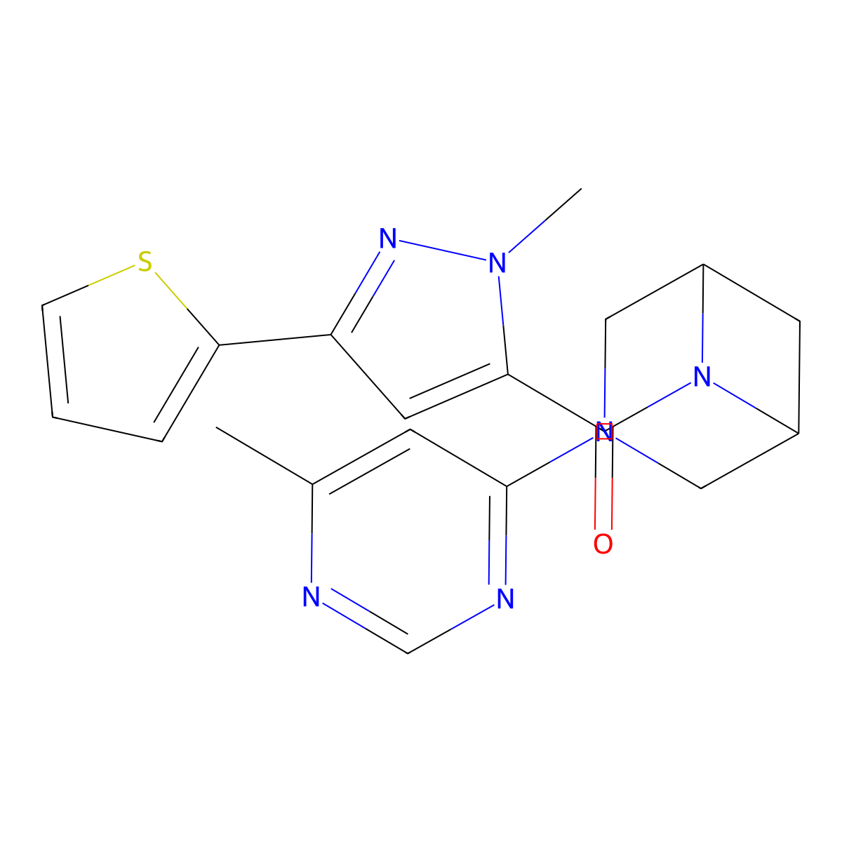 6-[1-methyl-3-(thiophen-2-yl)-1H-pyrazole-5-carbonyl]-3-(6-methylpyrimidin-4-yl)-3,6-diazabicyclo[3.1.1]heptane molecular structure, CAS 3054568-66-7