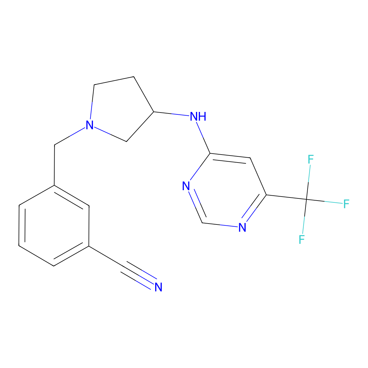 3-[(3-{[6-(Trifluoromethyl)pyrimidin-4-yl]amino}pyrrolidin-1-yl)methyl]benzonitrile molecular structure, CAS 3054568-68-9