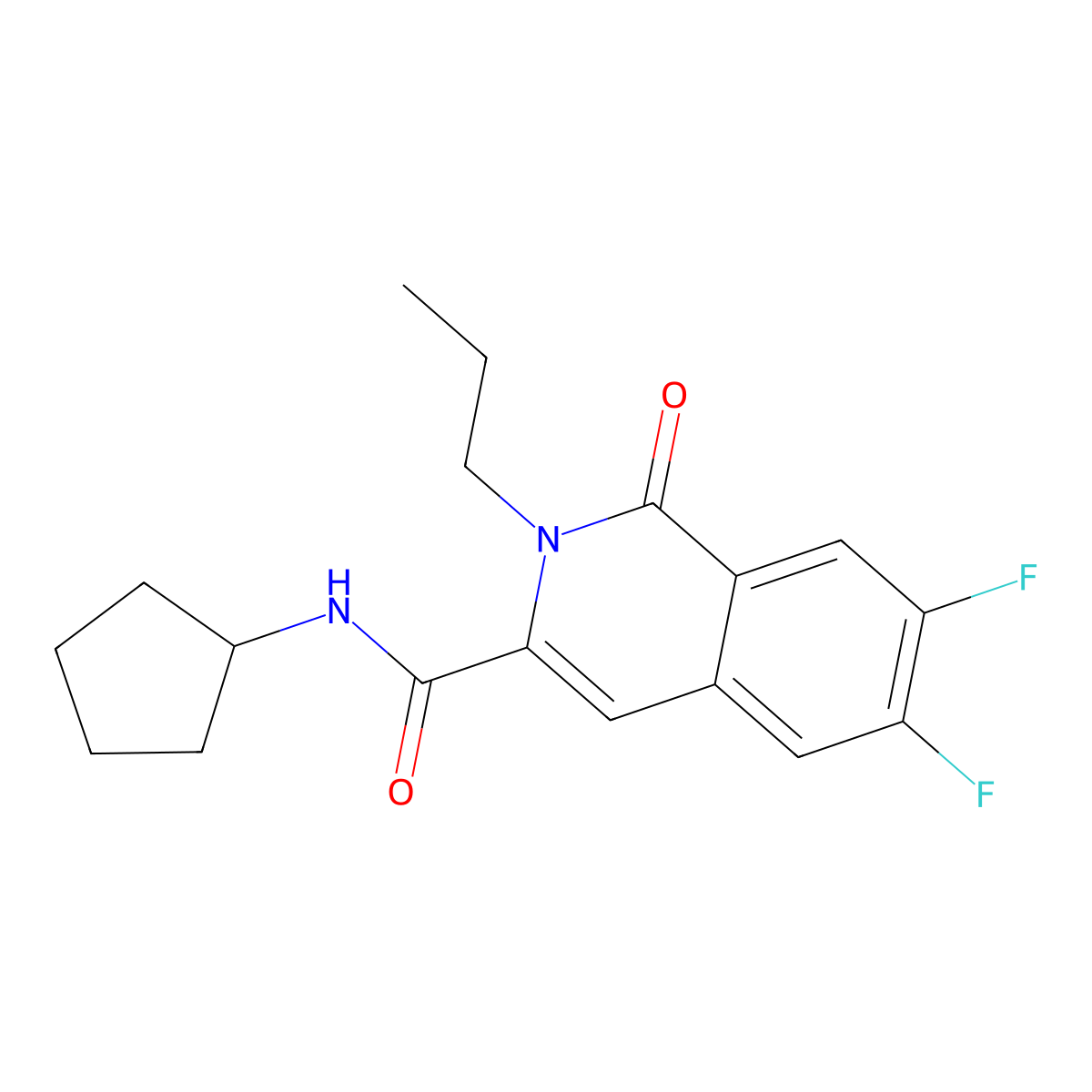 N-cyclopentyl-6,7-difluoro-1-oxo-2-propyl-1,2-dihydroisoquinoline-3-carboxamide molecular structure, CAS 3054568-85-0