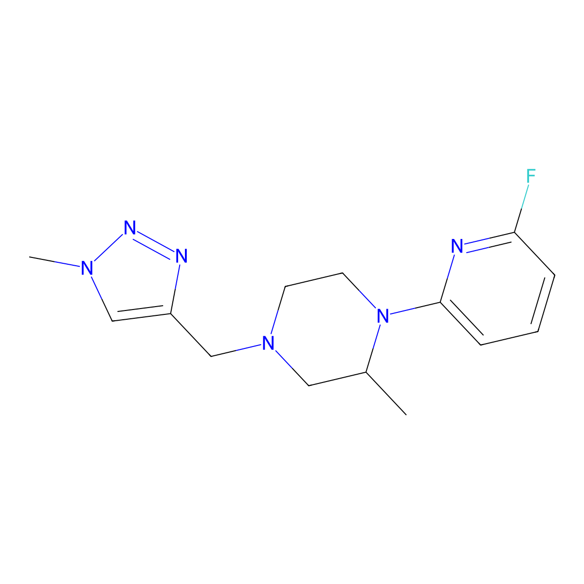1-(6-fluoropyridin-2-yl)-2-methyl-4-[(1-methyl-1H-1,2,3-triazol-4-yl)methyl]piperazine molecular structure, CAS 3054568-89-4