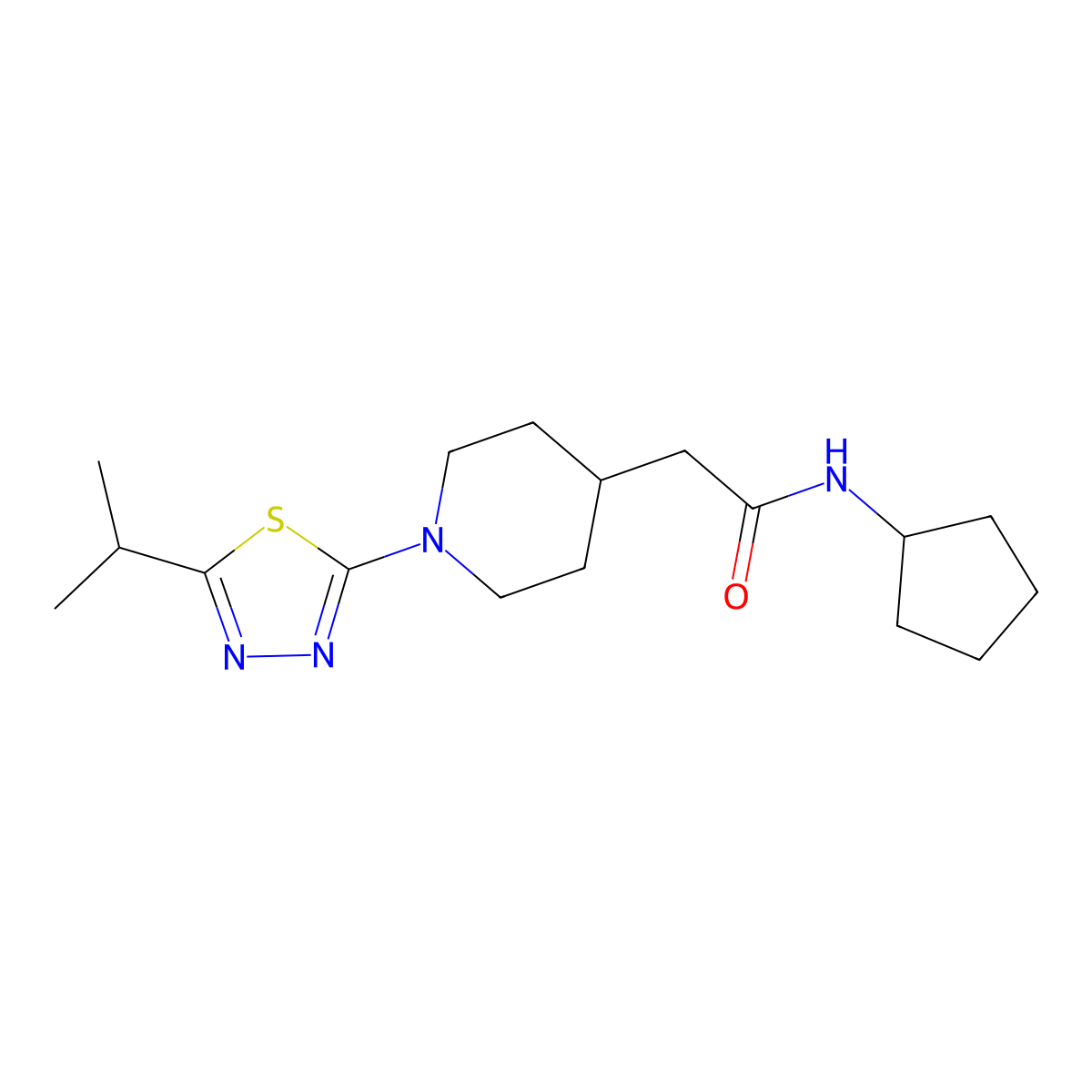 N-cyclopentyl-2-{1-[5-(propan-2-yl)-1,3,4-thiadiazol-2-yl]piperidin-4-yl}acetamide molecular structure, CAS 3054568-99-6