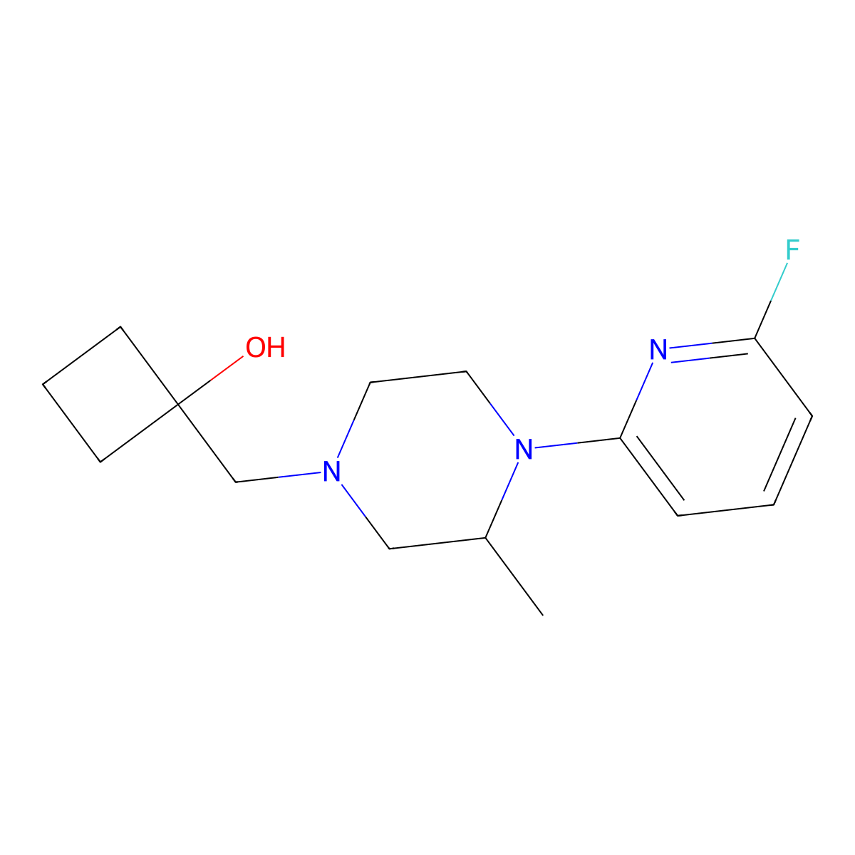1-{[4-(6-Fluoropyridin-2-yl)-3-methylpiperazin-1-yl]methyl}cyclobutan-1-ol molecular structure, CAS 3054569-00-2