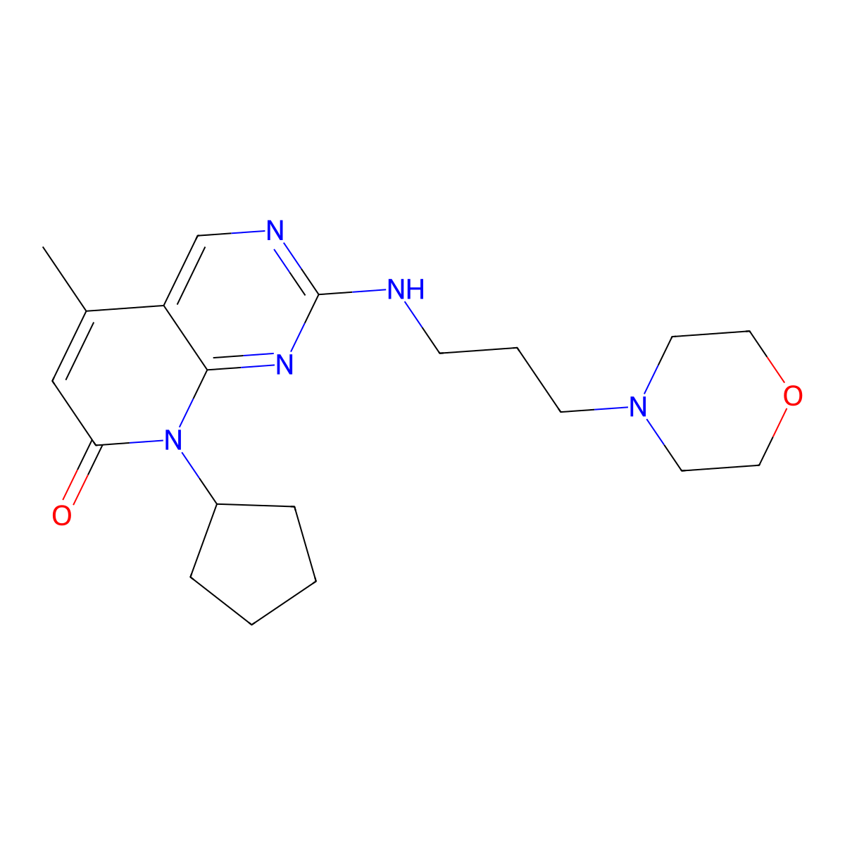 8-cyclopentyl-5-methyl-2-{[3-(morpholin-4-yl)propyl]amino}-7H,8H-pyrido[2,3-d]pyrimidin-7-one molecular structure, CAS 3054569-01-3
