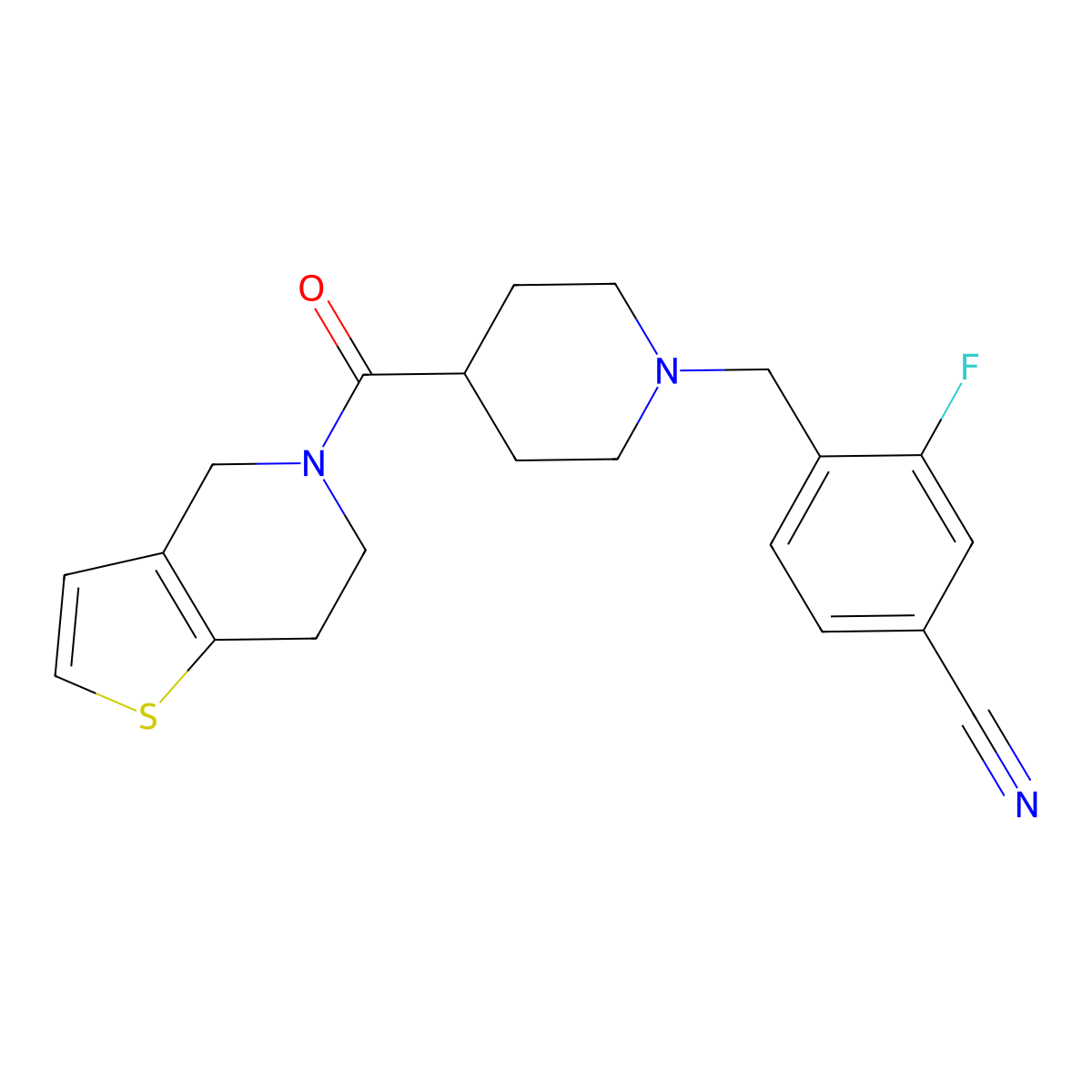 3-fluoro-4-[(4-{4H,5H,6H,7H-thieno[3,2-c]pyridine-5-carbonyl}piperidin-1-yl)methyl]benzonitrile molecular structure, CAS 3054569-11-5