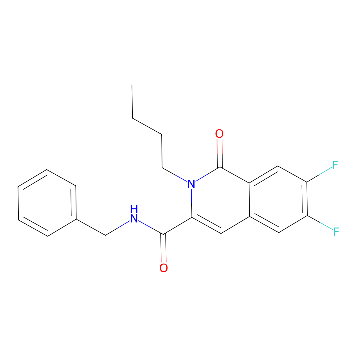 N-benzyl-2-butyl-6,7-difluoro-1-oxo-1,2-dihydroisoquinoline-3-carboxamide molecular structure, CAS 3054569-22-8