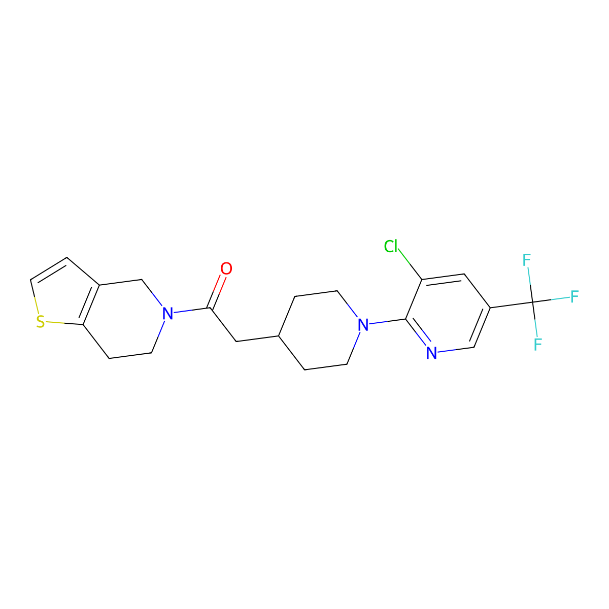 2-{1-[3-chloro-5-(trifluoromethyl)pyridin-2-yl]piperidin-4-yl}-1-{4H,5H,6H,7H-thieno[3,2-c]pyridin-5-yl}ethan-1-one molecular structure, CAS 3054569-26-2