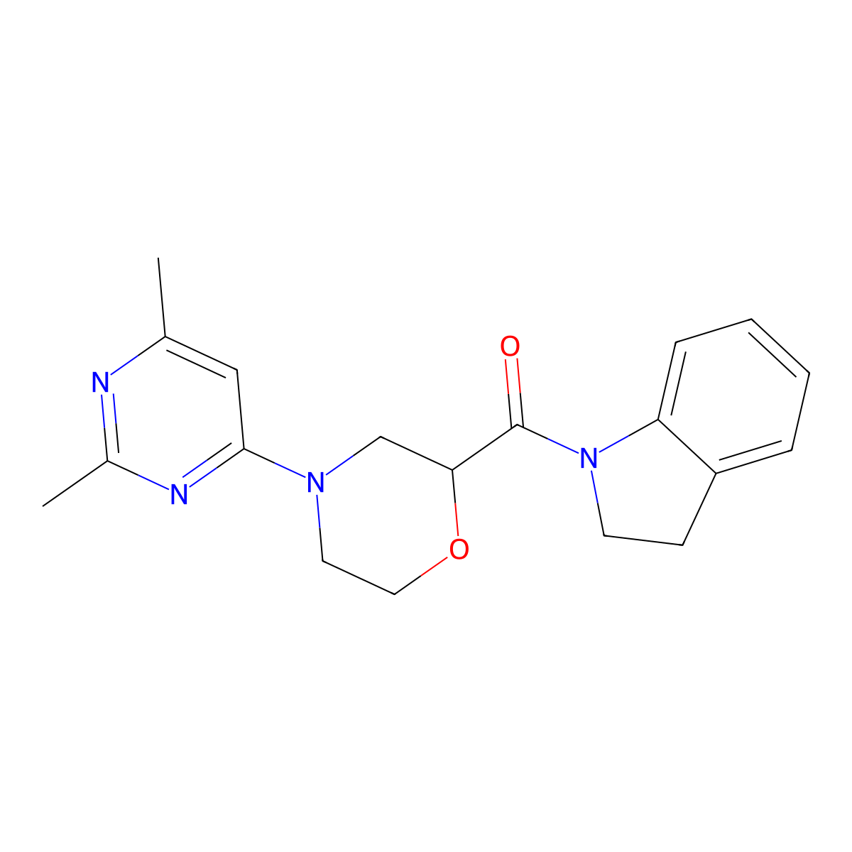 1-[4-(2,6-dimethylpyrimidin-4-yl)morpholine-2-carbonyl]-2,3-dihydro-1H-indole molecular structure, CAS 3054569-30-8