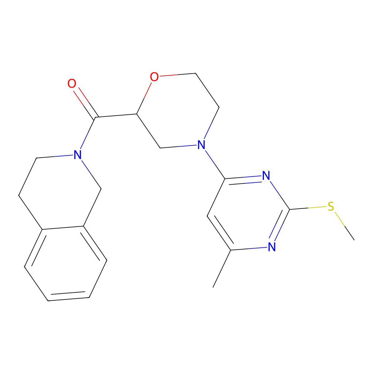 2-{4-[6-Methyl-2-(methylsulfanyl)pyrimidin-4-yl]morpholine-2-carbonyl}-1,2,3,4-tetrahydroisoquinoline molecular structure, CAS 3054569-33-1