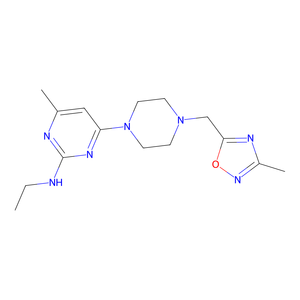 N-ethyl-4-methyl-6-{4-[(3-methyl-1,2,4-oxadiazol-5-yl)methyl]piperazin-1-yl}pyrimidin-2-amine molecular structure, CAS 3054569-35-3