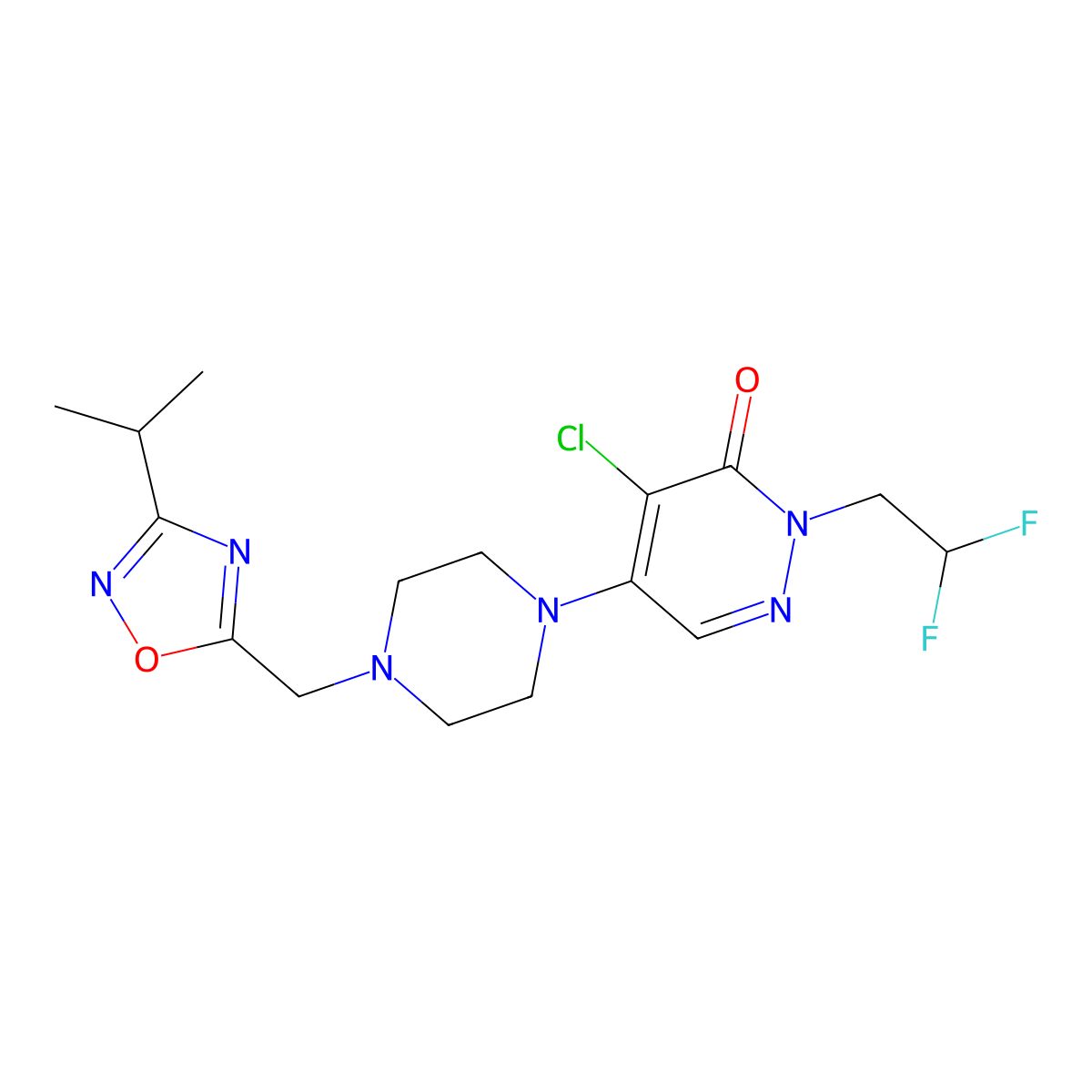4-Chloro-2-(2,2-difluoroethyl)-5-(4-{[3-(propan-2-yl)-1,2,4-oxadiazol-5-yl]methyl}piperazin-1-yl)-2,3-dihydropyridazin-3-one molecular structure, CAS 3054569-37-5