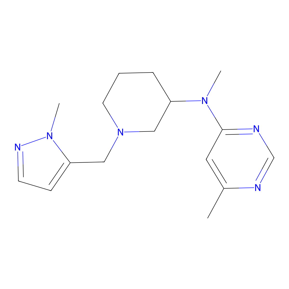 N,6-dimethyl-N-{1-[(1-methyl-1H-pyrazol-5-yl)methyl]piperidin-3-yl}pyrimidin-4-amine molecular structure, CAS 3054569-38-6