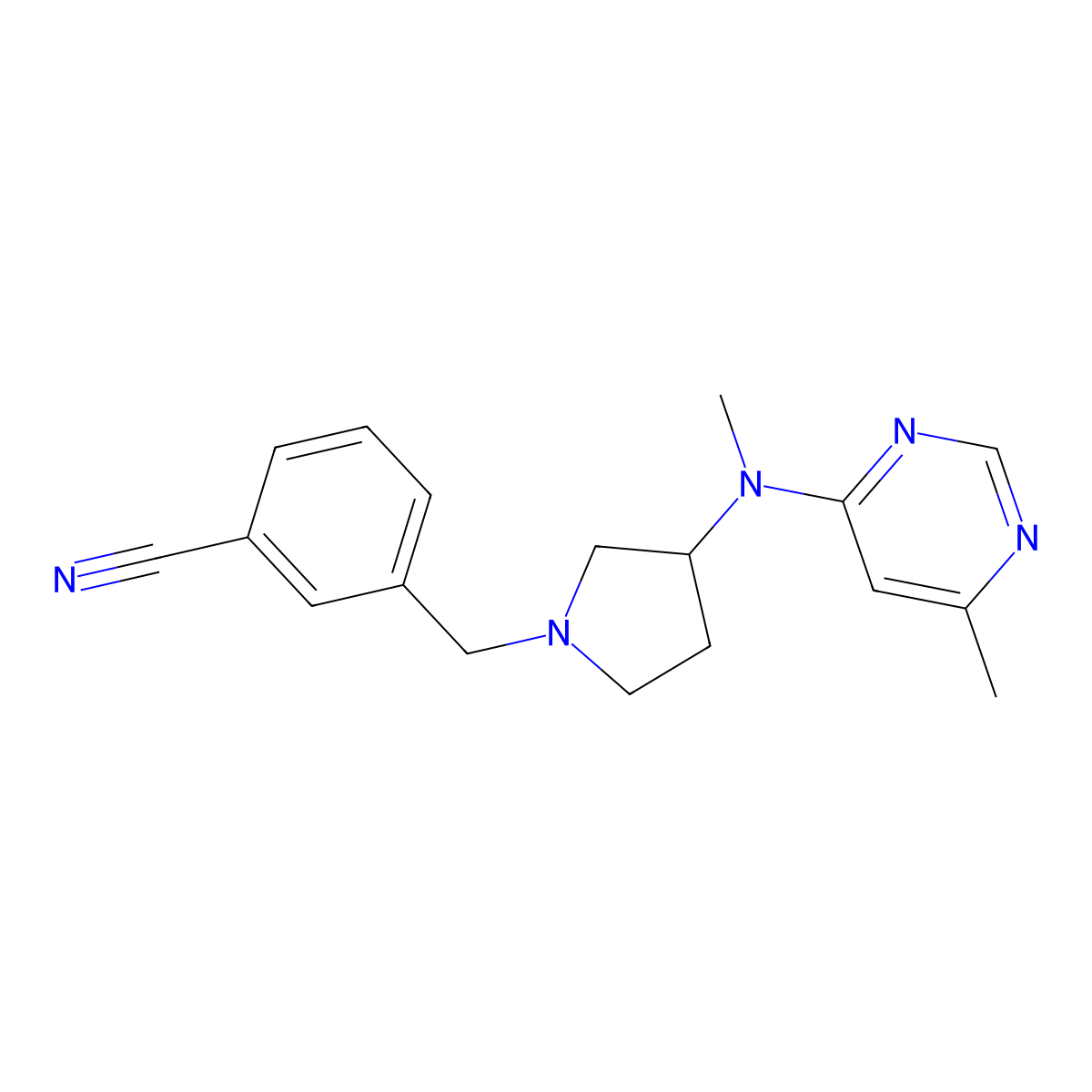 3-({3-[Methyl(6-methylpyrimidin-4-yl)amino]pyrrolidin-1-yl}methyl)benzonitrile molecular structure, CAS 3054569-41-1