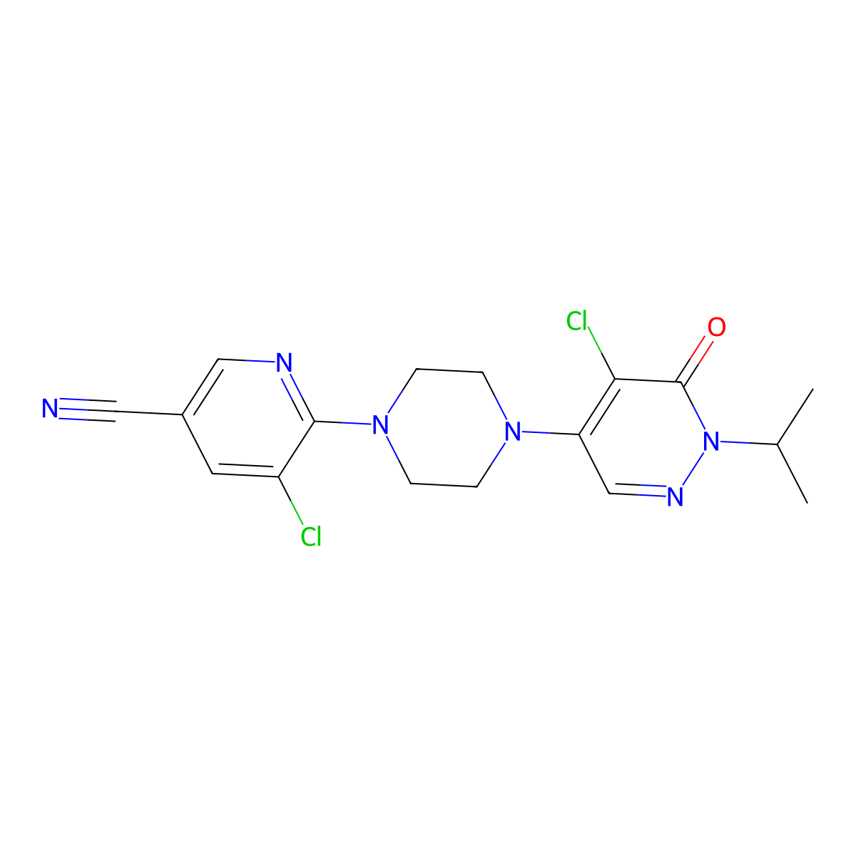 5-Chloro-6-{4-[5-chloro-6-oxo-1-(propan-2-yl)-1,6-dihydropyridazin-4-yl]piperazin-1-yl}pyridine-3-carbonitrile molecular structure, CAS 3054569-47-7