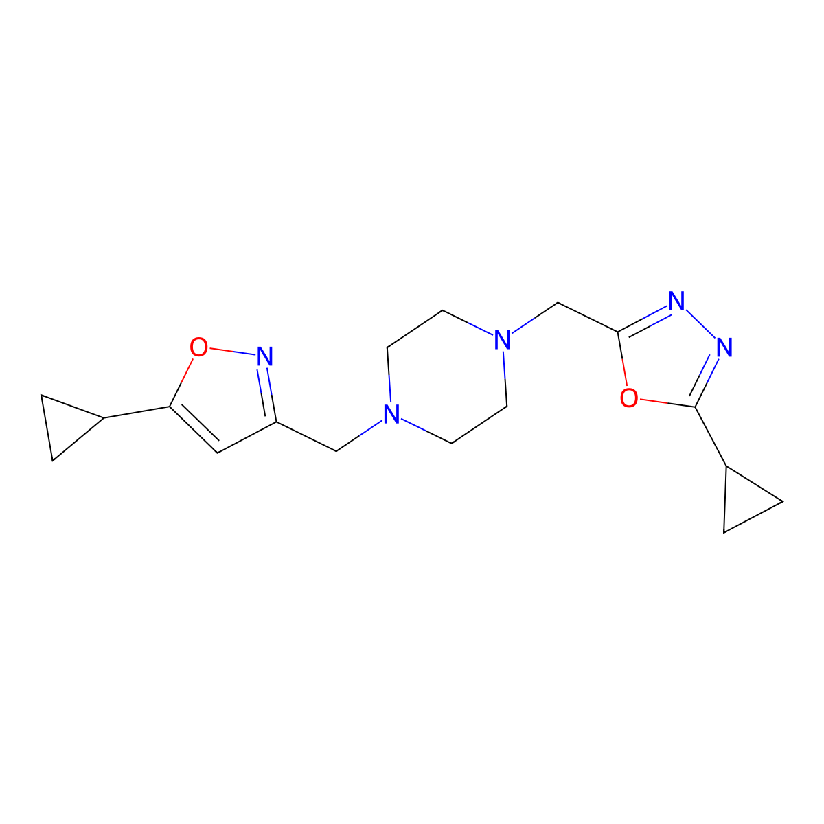 1-[(5-Cyclopropyl-1,2-oxazol-3-yl)methyl]-4-[(5-cyclopropyl-1,3,4-oxadiazol-2-yl)methyl]piperazine molecular structure, CAS 3054569-49-9