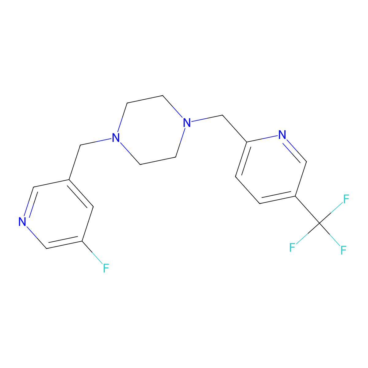 1-[(5-Fluoropyridin-3-yl)methyl]-4-{[5-(trifluoromethyl)pyridin-2-yl]methyl}piperazine molecular structure, CAS 3054569-50-2