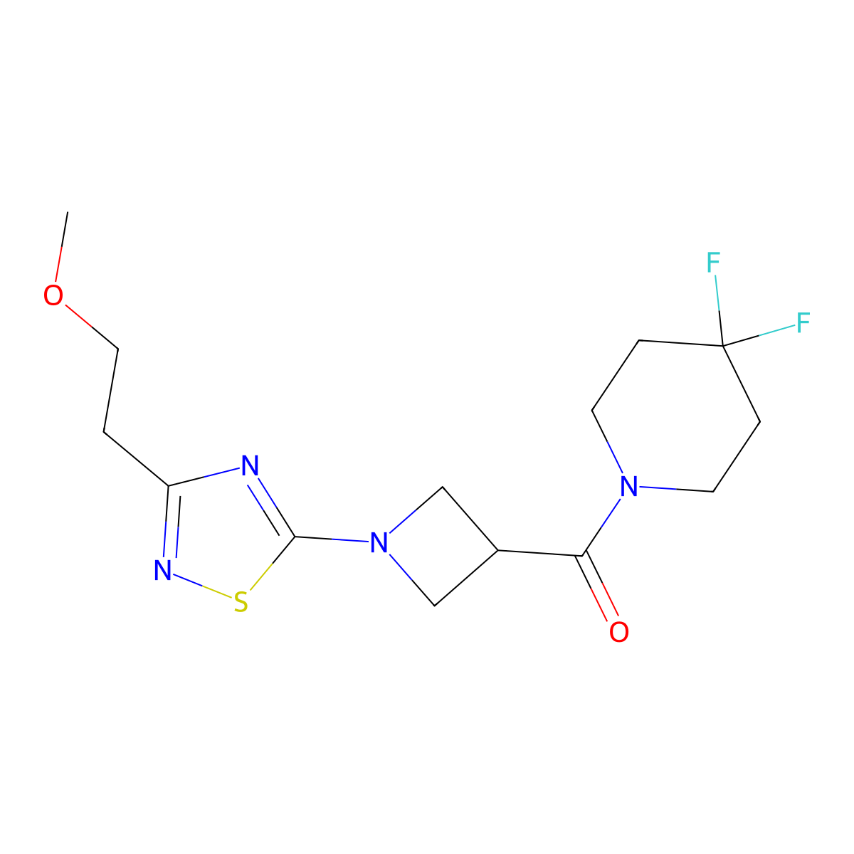 4,4-Difluoro-1-{1-[3-(2-methoxyethyl)-1,2,4-thiadiazol-5-yl]azetidine-3-carbonyl}piperidine molecular structure, CAS 3054569-58-0