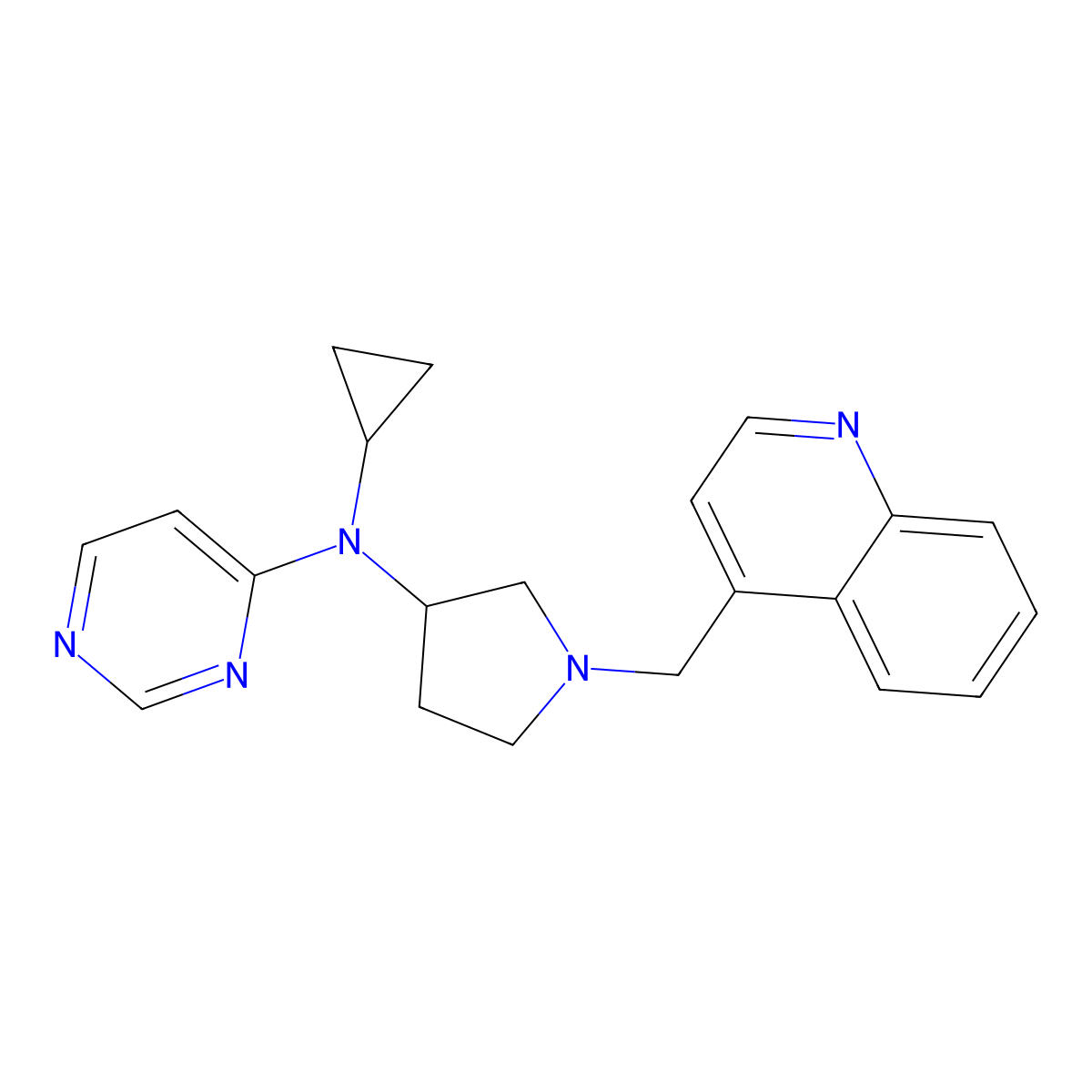 N-cyclopropyl-N-{1-[(quinolin-4-yl)methyl]pyrrolidin-3-yl}pyrimidin-4-amine molecular structure, CAS 3054569-59-1