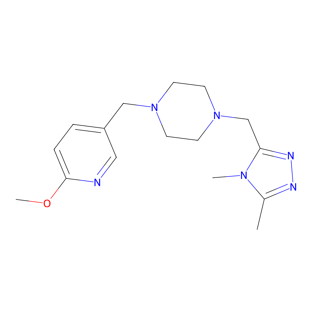 1-[(4,5-dimethyl-4H-1,2,4-triazol-3-yl)methyl]-4-[(6-methoxypyridin-3-yl)methyl]piperazine molecular structure, CAS 3054569-63-7