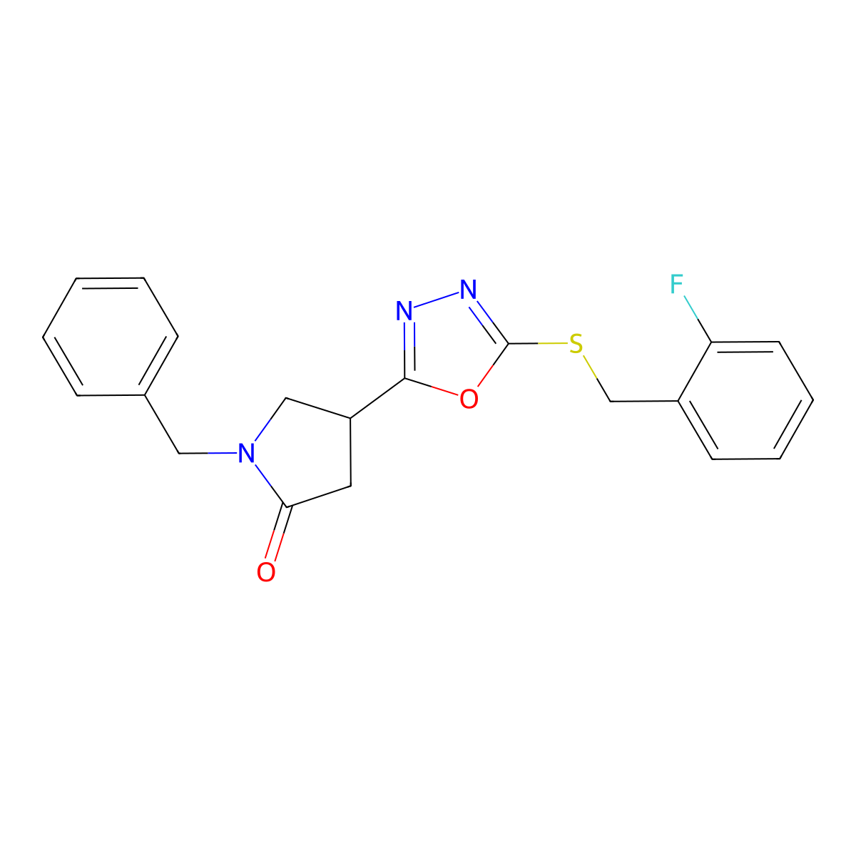1-Benzyl-4-(5-{[(2-fluorophenyl)methyl]sulfanyl}-1,3,4-oxadiazol-2-yl)pyrrolidin-2-one molecular structure, CAS 3054569-69-3