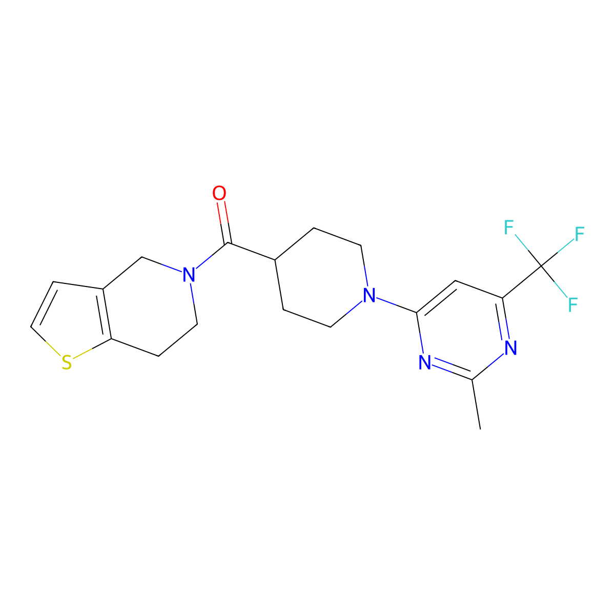 2-methyl-4-(4-{4H,5H,6H,7H-thieno[3,2-c]pyridine-5-carbonyl}piperidin-1-yl)-6-(trifluoromethyl)pyrimidine molecular structure, CAS 3054569-74-0