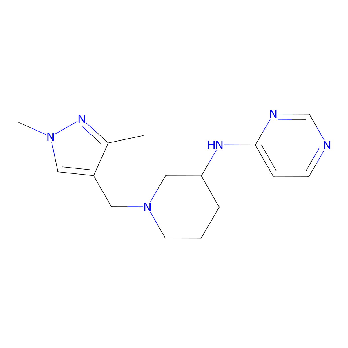 N-{1-[(1,3-dimethyl-1H-pyrazol-4-yl)methyl]piperidin-3-yl}pyrimidin-4-amine molecular structure, CAS 3054569-75-1