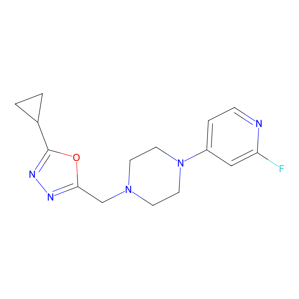 1-[(5-Cyclopropyl-1,3,4-oxadiazol-2-yl)methyl]-4-(2-fluoropyridin-4-yl)piperazine molecular structure, CAS 3054569-81-9