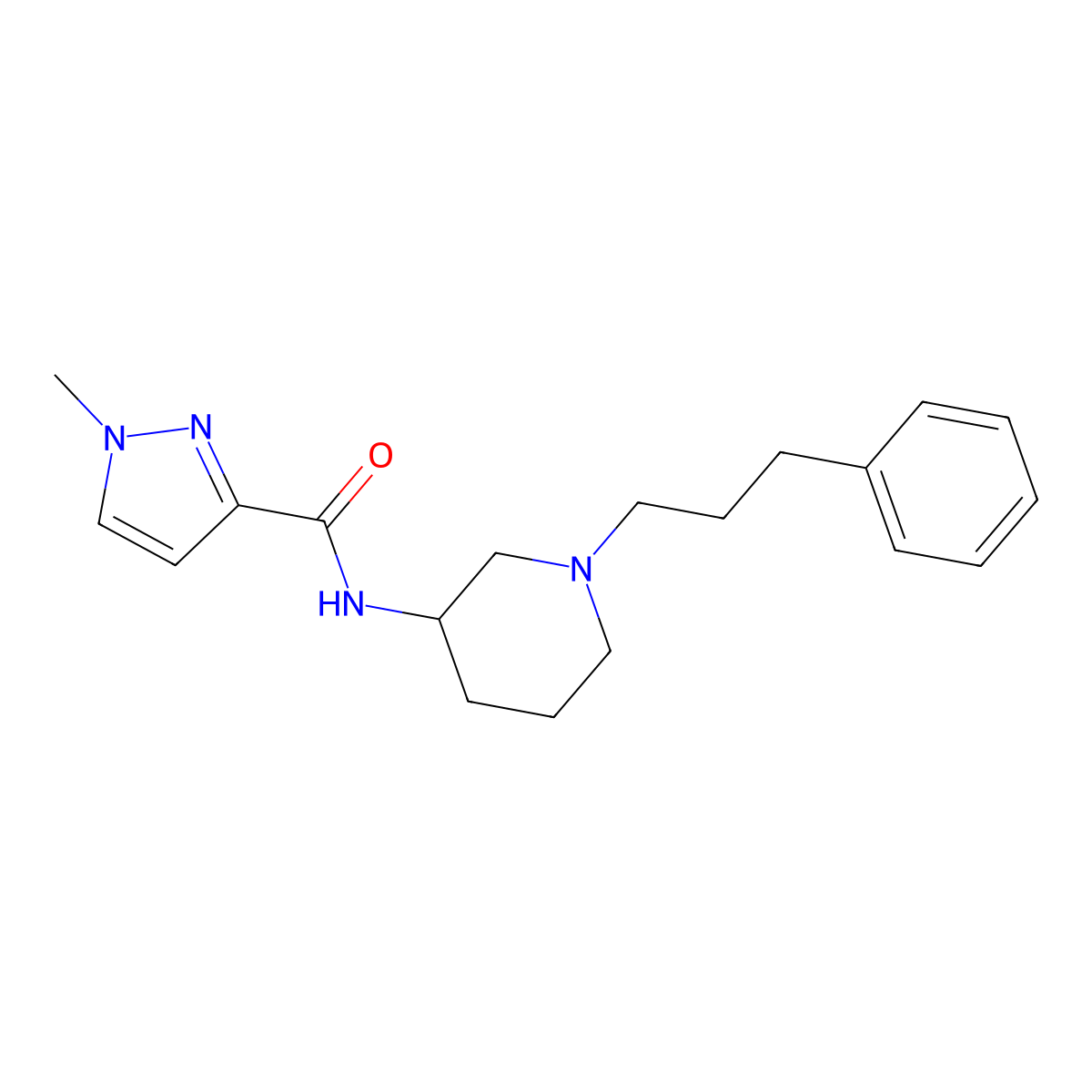 1-methyl-N-[1-(3-phenylpropyl)piperidin-3-yl]-1H-pyrazole-3-carboxamide molecular structure, CAS 3054569-96-6