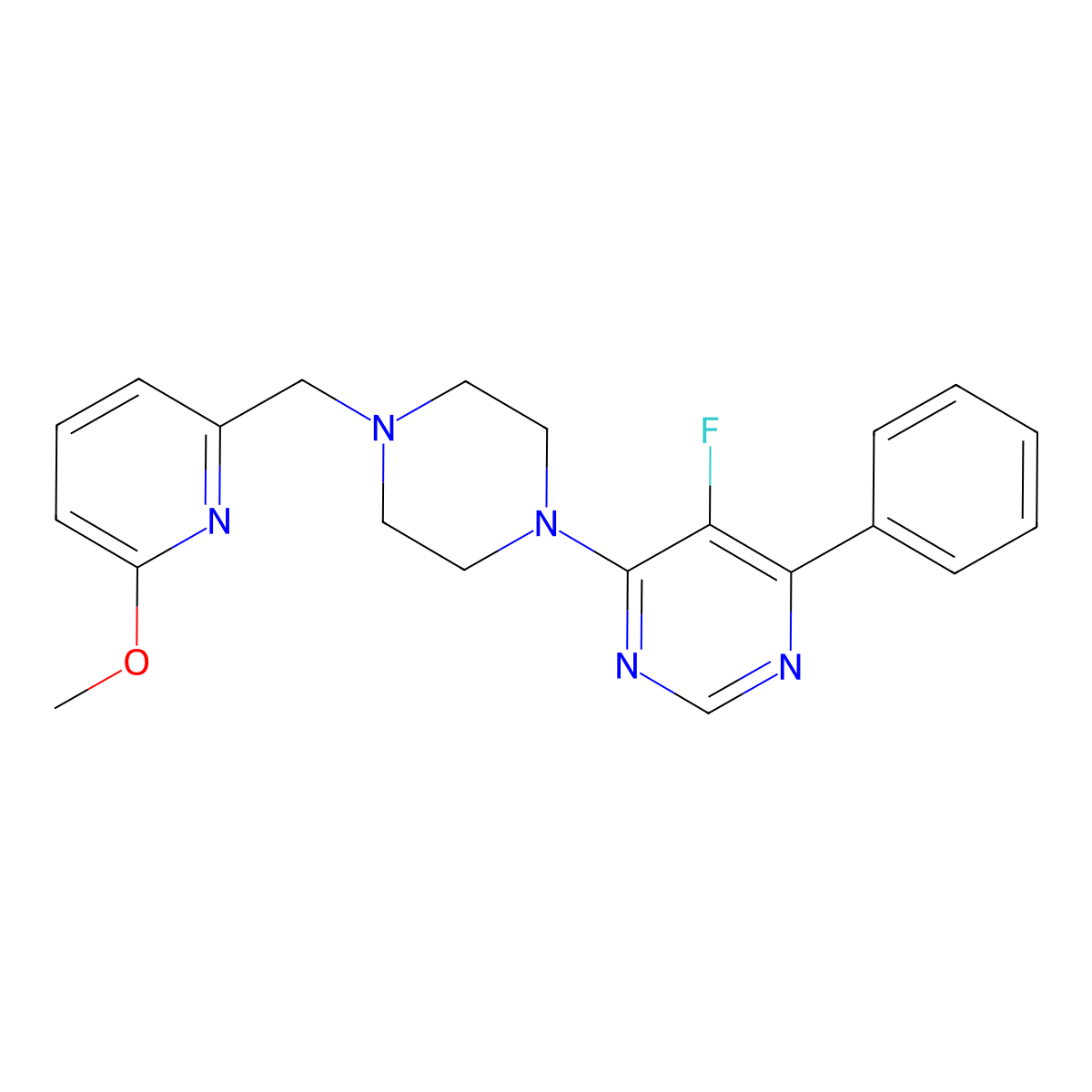 5-Fluoro-4-{4-[(6-methoxypyridin-2-yl)methyl]piperazin-1-yl}-6-phenylpyrimidine molecular structure, CAS 3054570-00-9