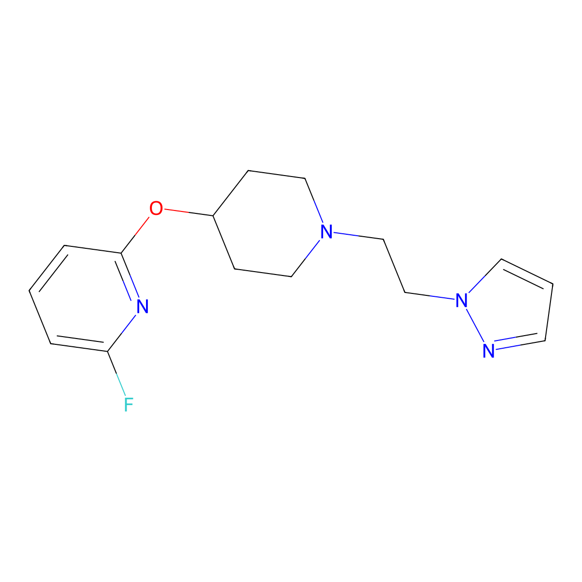 2-fluoro-6-({1-[2-(1H-pyrazol-1-yl)ethyl]piperidin-4-yl}oxy)pyridine molecular structure, CAS 3054570-06-5
