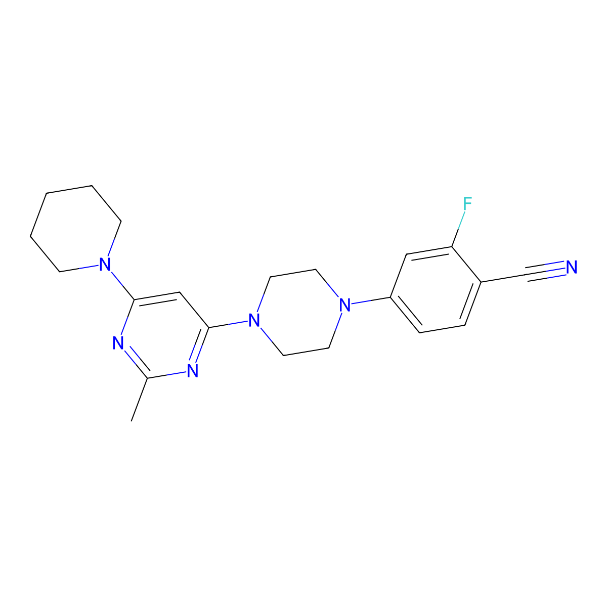 2-Fluoro-4-{4-[2-methyl-6-(piperidin-1-yl)pyrimidin-4-yl]piperazin-1-yl}benzonitrile molecular structure, CAS 3054570-13-4