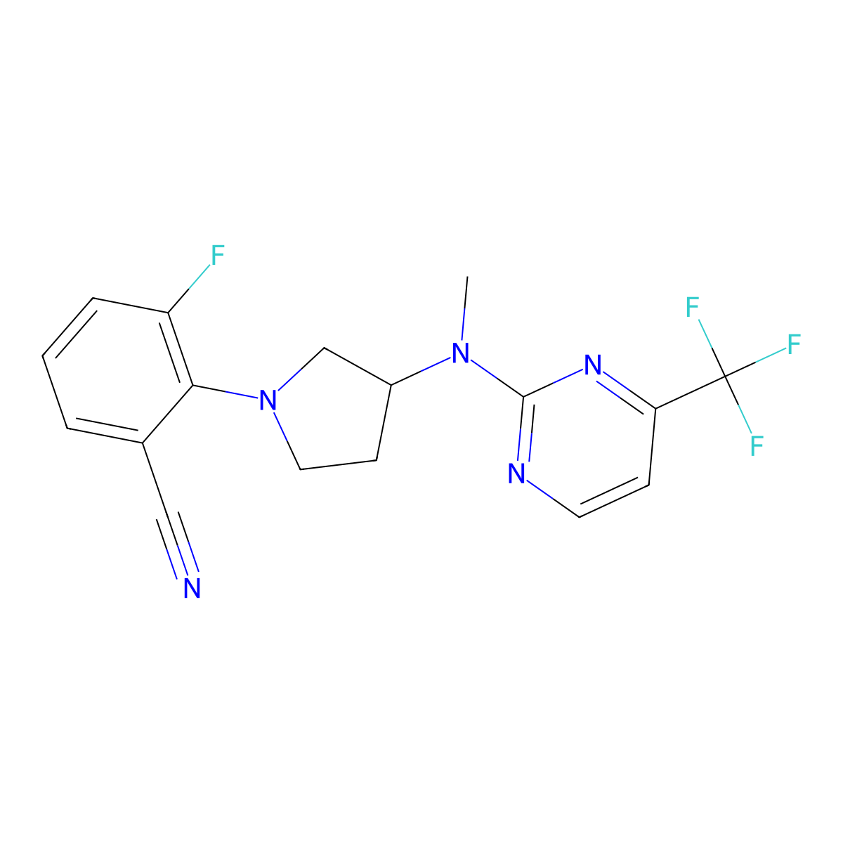 3-Fluoro-2-(3-{methyl[4-(trifluoromethyl)pyrimidin-2-yl]amino}pyrrolidin-1-yl)benzonitrile molecular structure, CAS 3054570-22-5