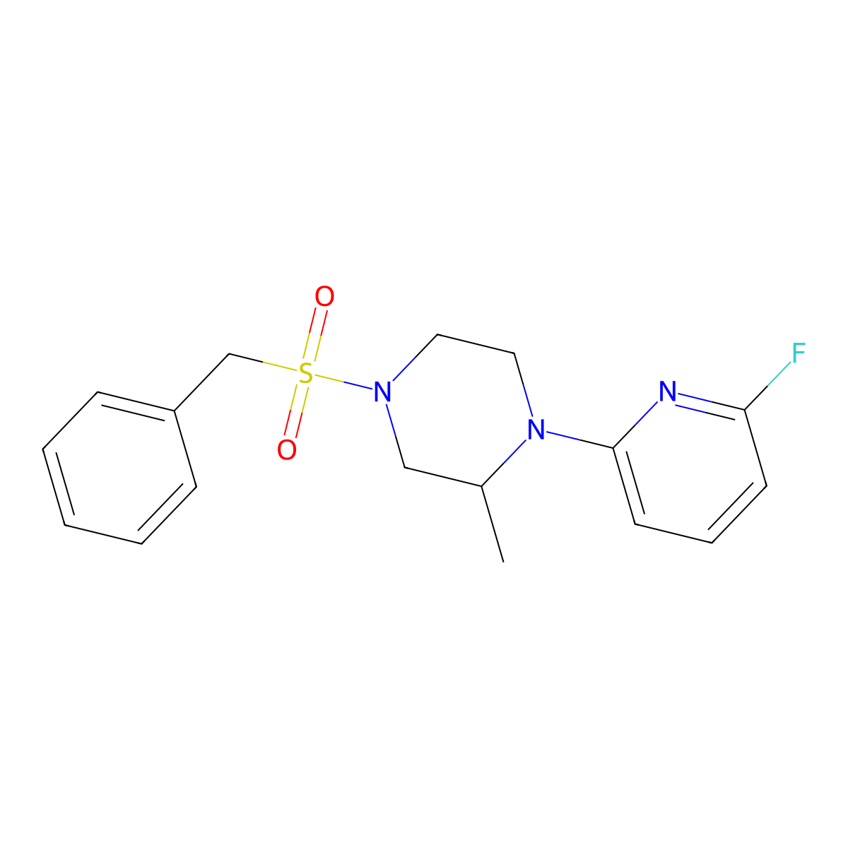 1-(6-Fluoropyridin-2-yl)-2-methyl-4-phenylmethanesulfonylpiperazine molecular structure, CAS 3054570-27-0