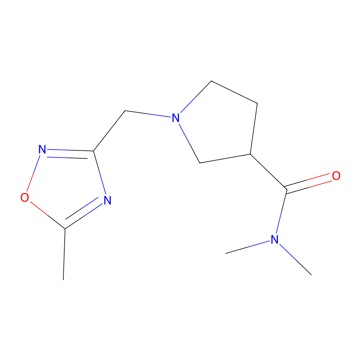 N,N-dimethyl-1-[(5-methyl-1,2,4-oxadiazol-3-yl)methyl]pyrrolidine-3-carboxamide molecular structure, CAS 3054570-28-1